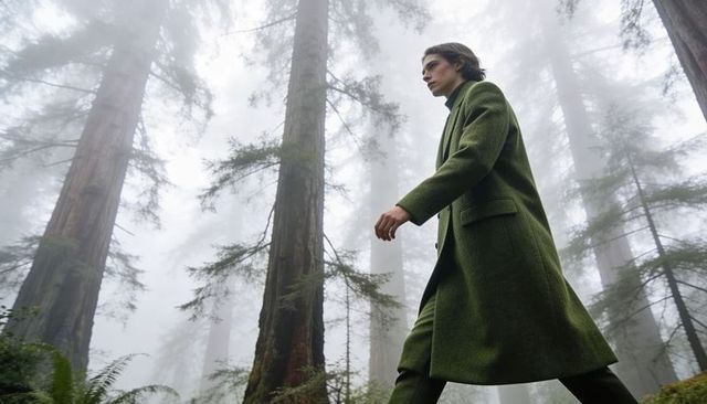 Man walking through misty redwood forest in long green coat cinematic solitude