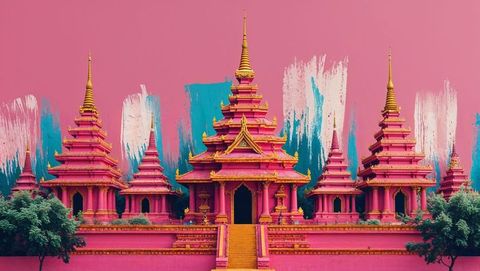 Vibrant Pink and Gold Asian Temple with Artistic Brush Strokes