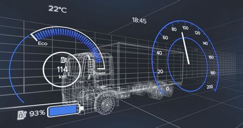 Wireframe truck with digital interface gauges on 3d grid background
