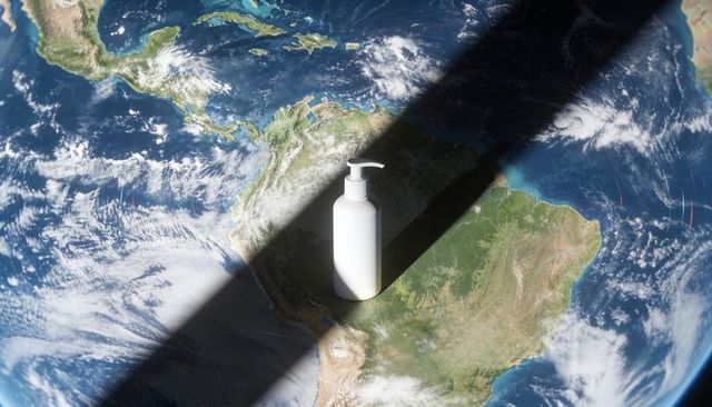 White pump bottle on earth over south america casting long shadow global hygiene concept