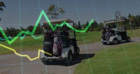 Golf carts with data visualization on scenic golf course
