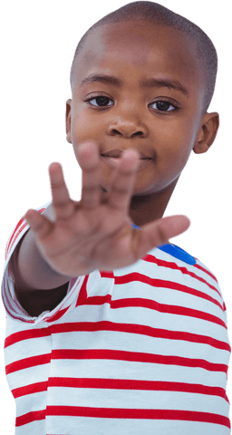 Curious boy reaching out with focus on hand isolated on transparent background