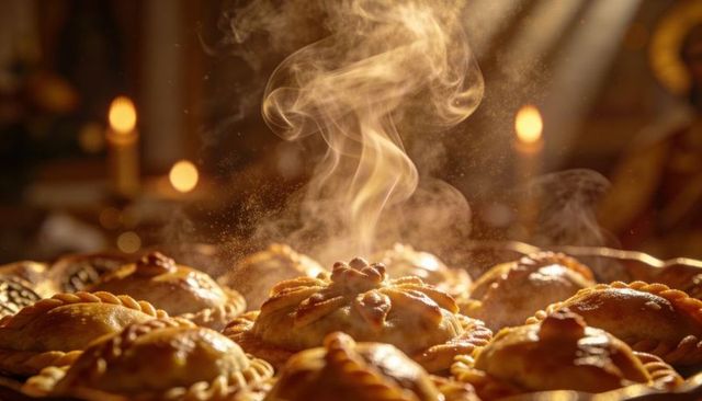 Steam rising from golden-brown hand pies with braided edges on rustic tray