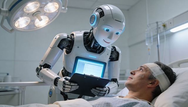 Humanoid medical robot monitoring hospital patient with tablet for ai-powered telemedicine