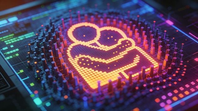 Neon pixel hug icon on circuit board representing ai empathy and human connection