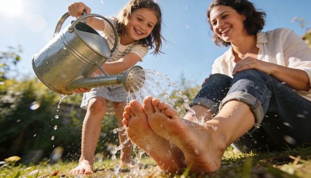 Mother daughter splashing water on bare feet in sunny backyard laughing together