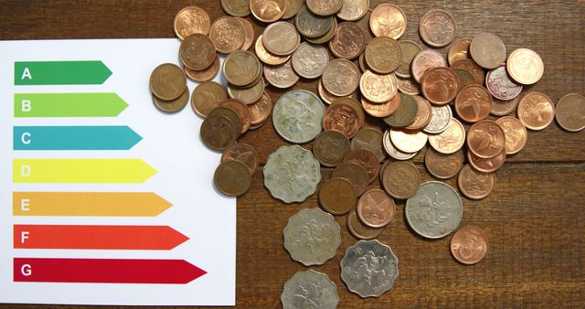 This image can be used in articles or presentations related to finance, savings, and economic analysis. The combination of the colorful arrow chart and assorted coins provides a visual representation of financial planning and budget management. Ideal for illustrating concepts about cash management, economic studies, and various financial tiers.