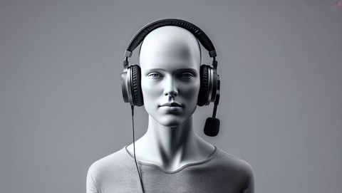 Mannequin displaying black headset with boom microphone, talking heads concept