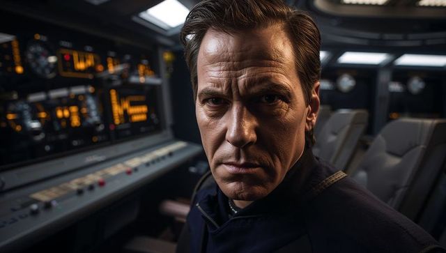 Focused pilot studying cockpit instrument panel under amber glow, intense aviation portrait