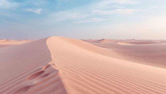 Minimalist pastel desert dune ridge with wind ripples and solitary footprints