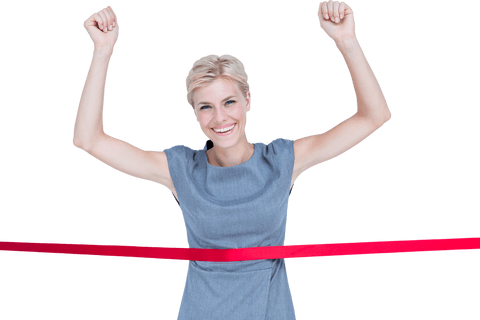 Transparent celebration of woman at finish line, happiness reaching goal