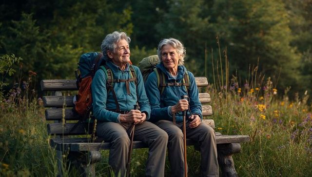 Senior hikers resting on bench in wildflower meadow sharing quiet companionship outdoors