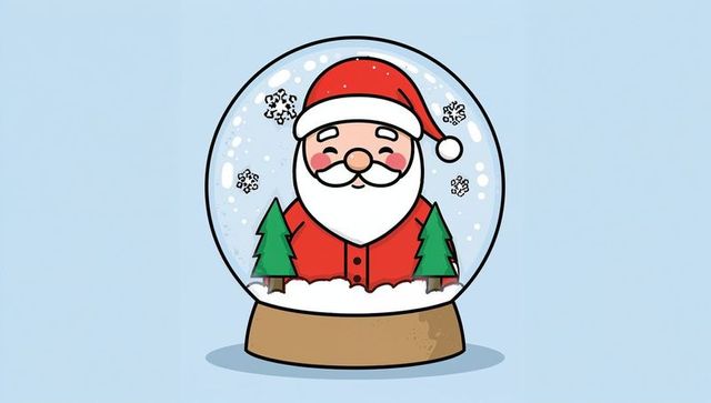 Santa Claus standing inside festive snow globe with pine trees and falling snow