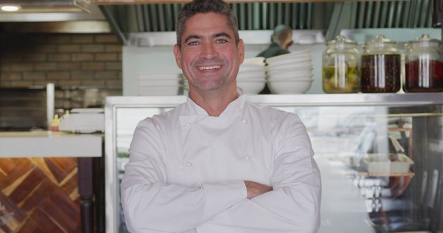 Smiling Chef in Professional Kitchen with Arms Crossed - Download Free Stock Images Pikwizard.com