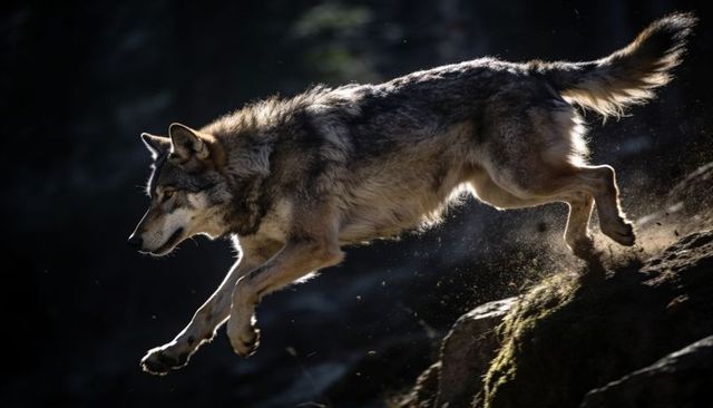 Backlit gray wolf leaping off moss-covered rock through forest understory, dramatic rim light