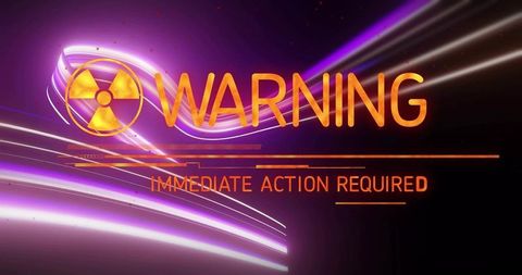 Futuristic radiation warning alert displaying immediate action required neon ui broadcast