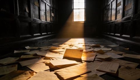 Sunbeam-catching vintage letters scattering across wooden corridor with upright envelope