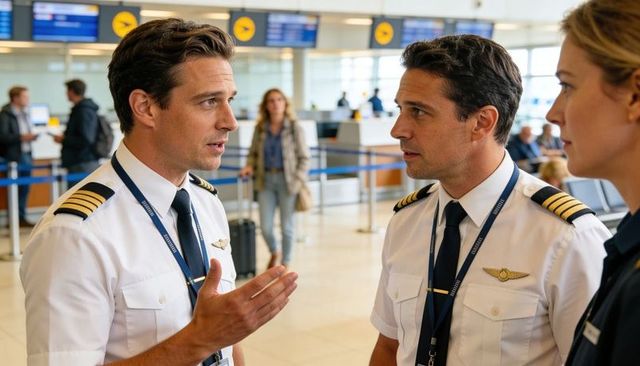 Commercial pilots discussing flight operations at busy airport check-in and gate area