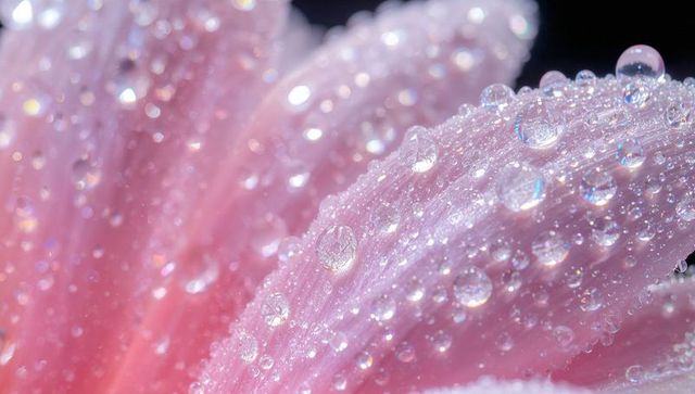Macro pink flower petals glistening with dew droplets and iridescent refraction