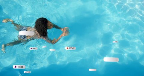 Digital Notifications Overlay on Woman Swimming in Pool