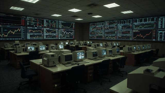 Vintage trading floor with financial dashboard screens