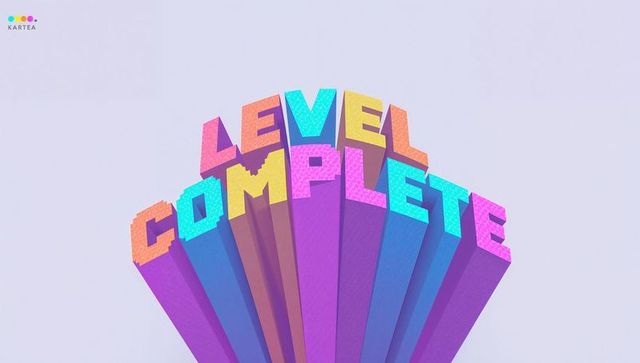 Level complete 3d typography neon pastel prism columns arc blocky vibrant with kartea logo