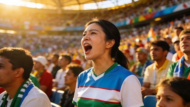 Passionate asian football fan cheering loudly in sunlit stadium crowd with rimlight