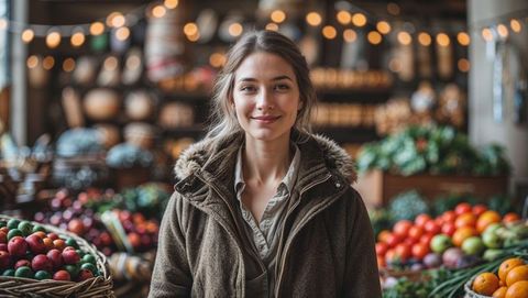 Smiling Woman Exploring Local Market with Fresh Produce Display