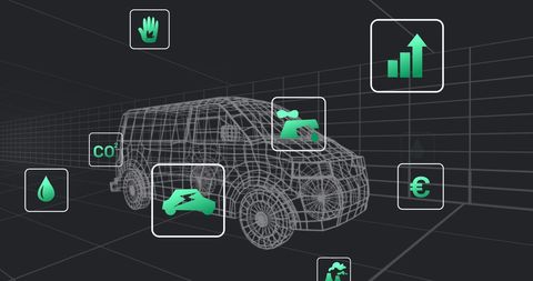Futuristic Van with Digital Technology and Connectivity Icons