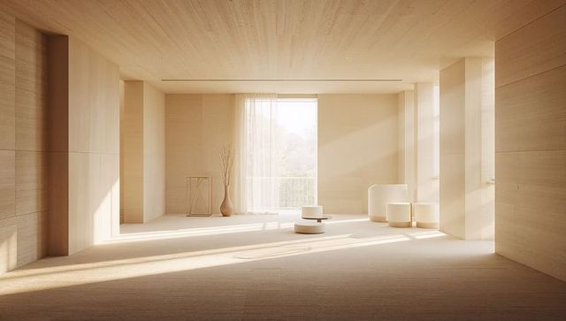 Sunlit minimalist wood interior with contemporary seating, sheer curtain and soft shadows