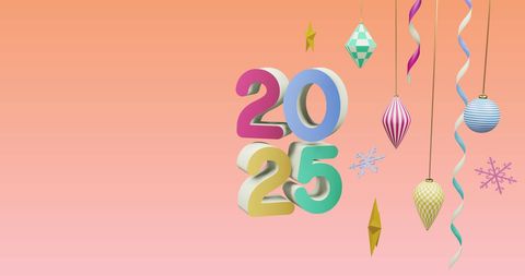 Colorful 3D Numbers 2025 with Hanging Festive Decorations
