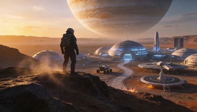 Astronaut standing on ridge surveying futuristic colony beneath looming gas giant