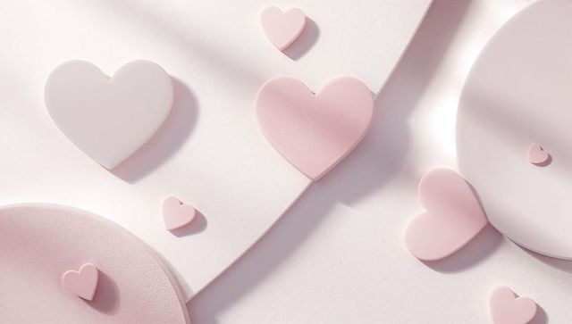 Pastel pink heart shapes on textured circular platforms, diagonal composition, soft shadows