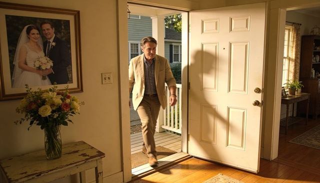 Middle-aged man entering sunlit foyer with wedding portrait, vase of fresh flowers