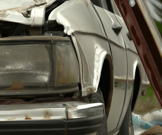 Close-up of a car showing significant damage from a collision, with bent bumpers and dented bodywork. Useful for illustrating topics related to traffic safety, insurance, accident reports, or automotive repairs.