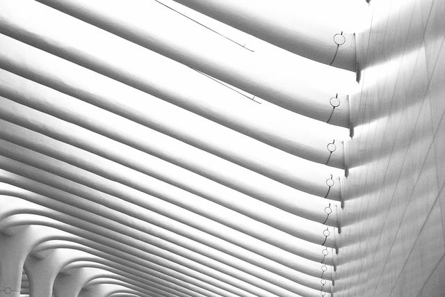 This image depicts a modern architectural structure with a curving white roof and geometrical pillars. The sleek, minimalist design is highlighted by the light and shadows cast within the space. Ideal for use in articles or websites related to contemporary architecture, interior design, or modern building concepts. This image represents innovation and cutting-edge design, making it perfect for presentations, brochures, or digital content focused on engineering, architecture, or modern art.