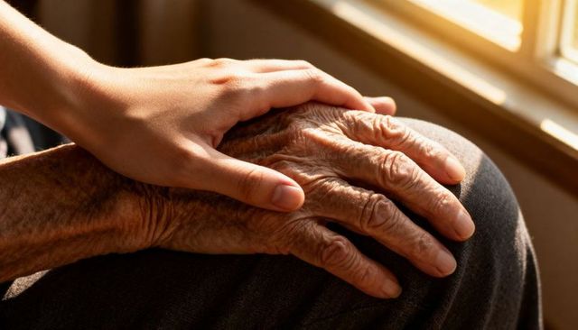Caregiver holding elderly hand on knee by sunlit window warmth, trust, gentle support