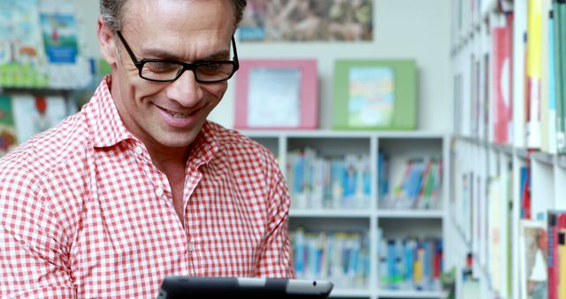 Smiling Man Using Digital Tablet in Library - Download Free Stock Images Pikwizard.com