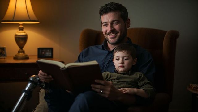Smiling Father with Son Reading Together in Cozy Living Room