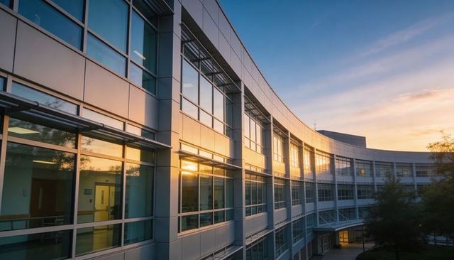Curved Glass Office Building Reflecting Golden Hour Light on Modern Campus Facade with Walkway