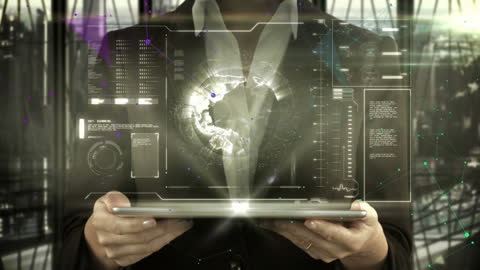 Businesswoman Utilizing Digital Tablet with Futuristic Interface