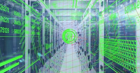 Futuristic Data Center Corridor with Green HUD Overlay