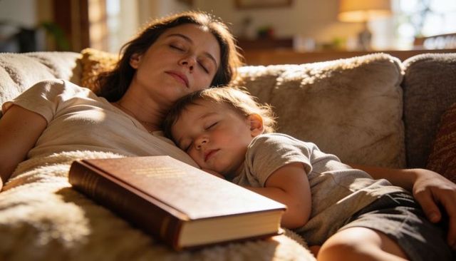 Mother and toddler napping on sunlit couch with hardcover book, cozy afternoon at home