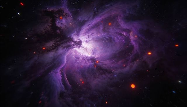 Swirling purple nebula with bright pink core and glowing orange protostars