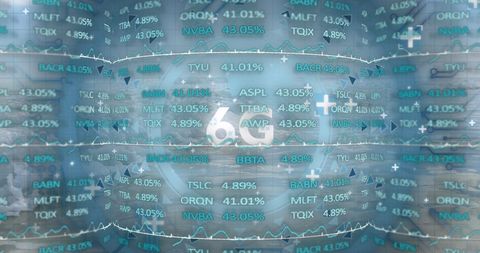 Futuristic digital overlay with 6g and stock market data