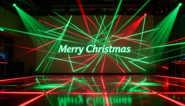 Merry Christmas laser light show on glossy reflective dancefloor with green and red beams