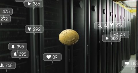 Nft coin with social media icons over server background