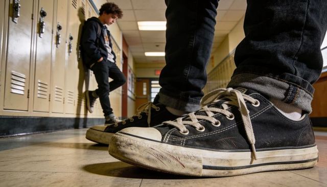 Low-angle close-up of worn black canvas sneakers on scuffed school hallway floor with leaning teen