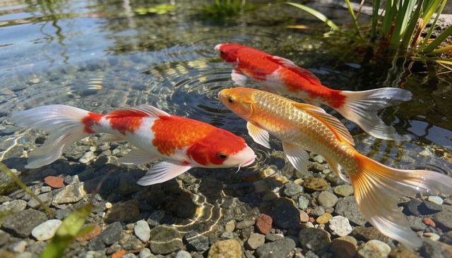 Sunlit koi carp gliding over clear pebble pond floor with sparkling water caustics