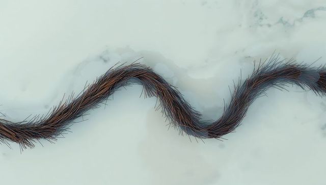 Flowing sinuous hair ribbon over pale marble surface, textural abstract composition